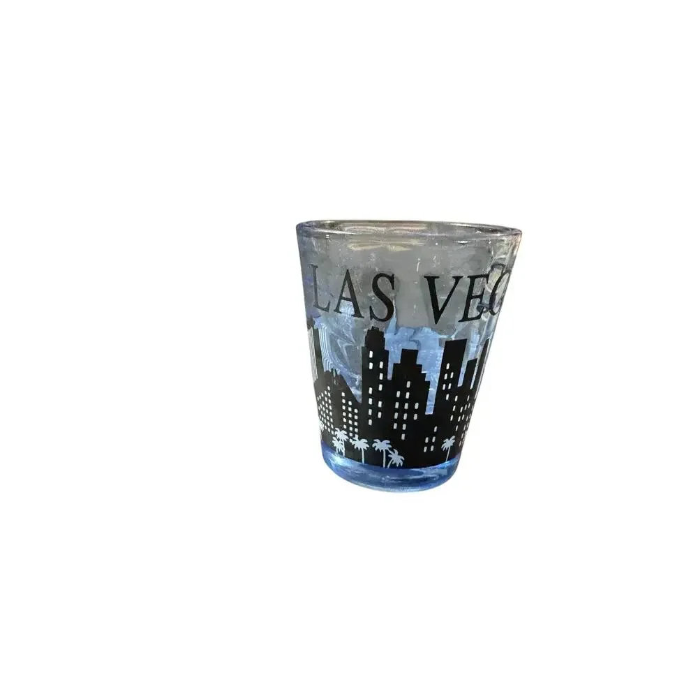 LAS VEGAS Black Skyline Blue Swirl Glass Shot Glass Souvenir 2.5”